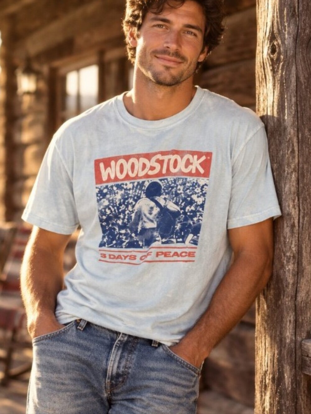 Lucky Brand Light Blue Woodstock Graphic Tee with Red and Blue Print